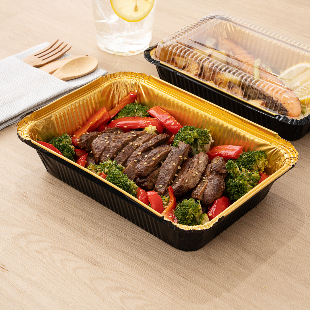 Foil Lux 41 oz Rectangle Black and Gold Aluminum Container - 8 3/4" x 6" x 2 1/4" - 200 count box