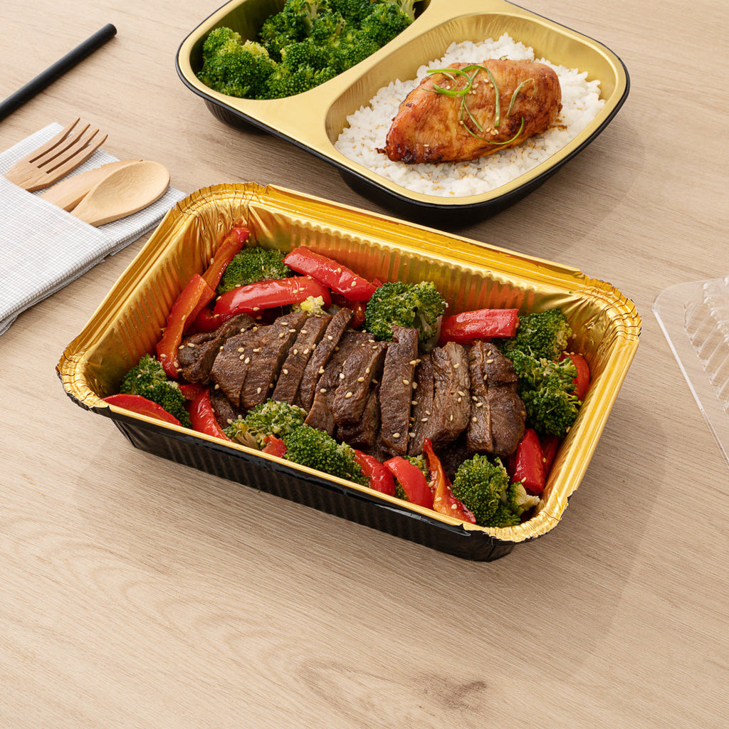 Foil Lux 41 oz Rectangle Black and Gold Aluminum Container - 8 3/4" x 6" x 2 1/4" - 200 count box