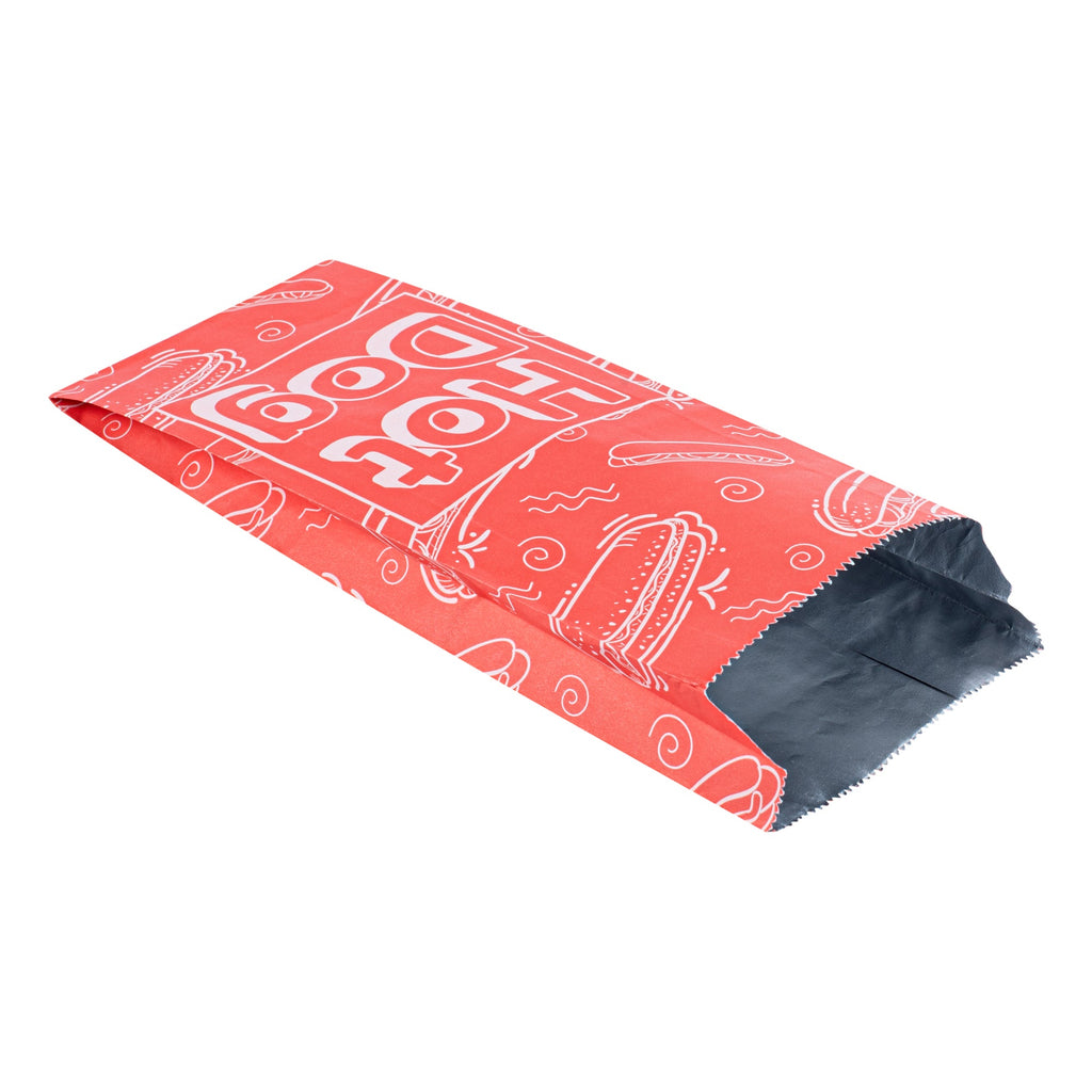 Bag Tek Red Paper Printed Small Hot Dog Foil Bag - 3 3/4" x 1 1/4" x 9" - 100 count box