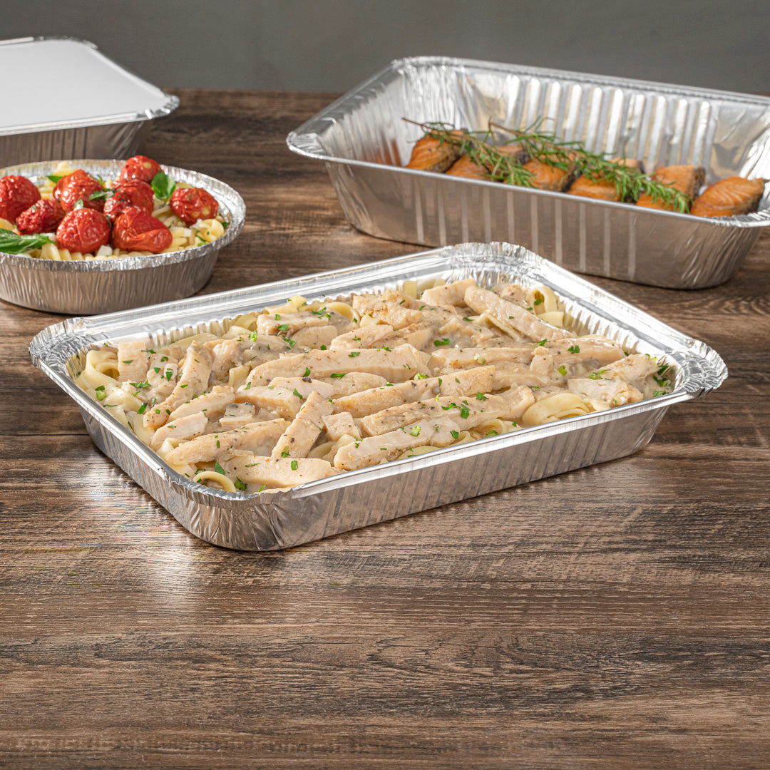 Foil Lux 64 oz Oblong Silver Aluminum 4 lb Take Out Container - 12" x 8 3/4" x 1 3/4" - 100 count box