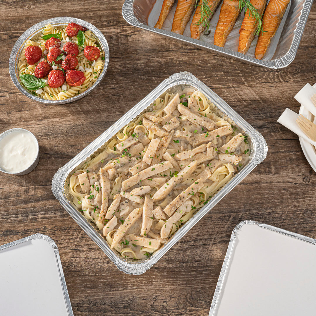 Foil Lux 64 oz Oblong Silver Aluminum 4 lb Take Out Container - 12" x 8 3/4" x 1 3/4" - 100 count box