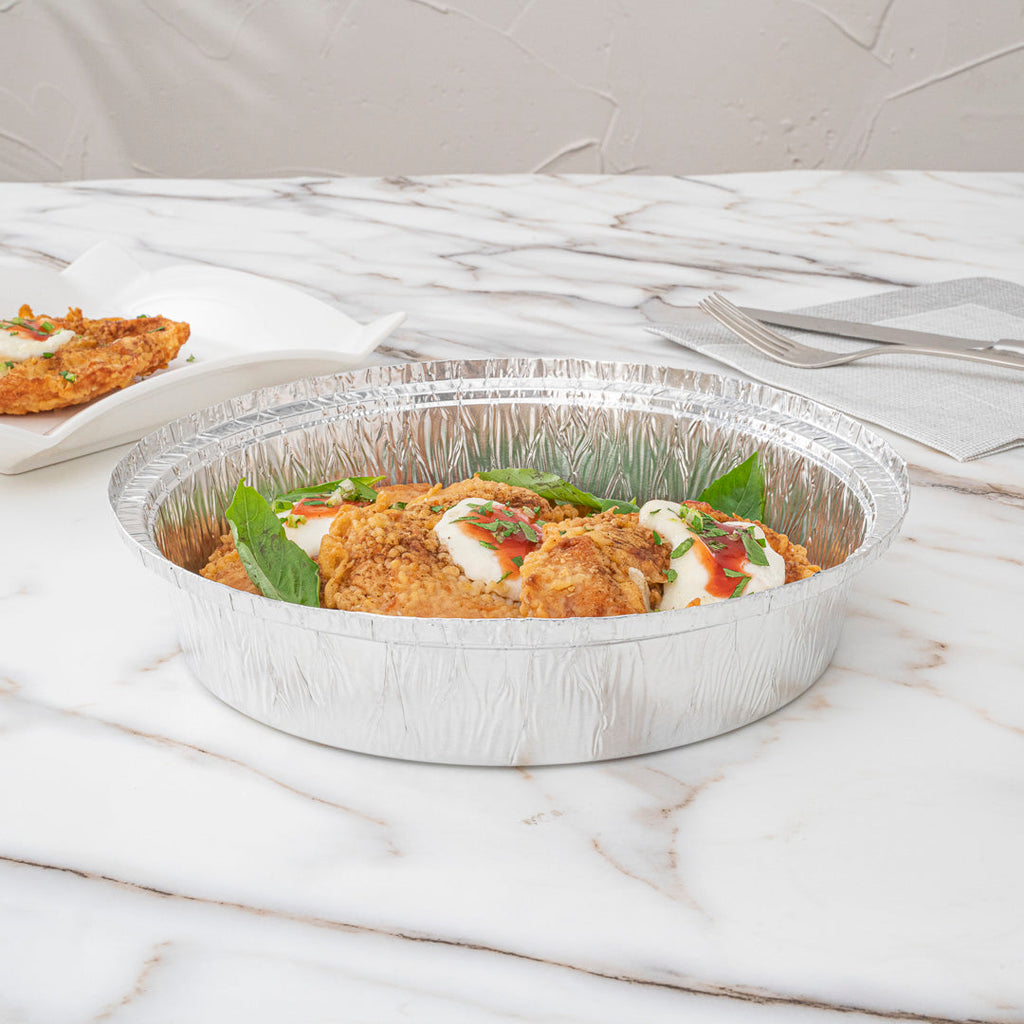 Foil Lux 37 oz Round Aluminum Take Out Pan - Heavy Weight - 9" x 9" x 2" - 100 count box