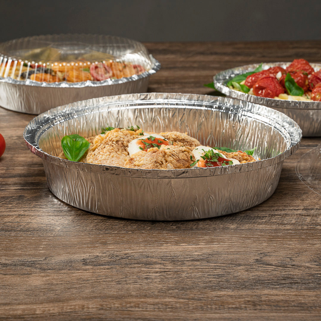 Foil Lux 37 oz Round Aluminum Take Out Pan - Heavy Weight - 9" x 9" x 2" - 100 count box