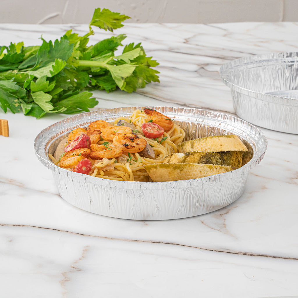 Foil Lux 36 oz Round Aluminum Take Out Pan - Heavy Weight - 8" x 8" x 2" - 100 count box