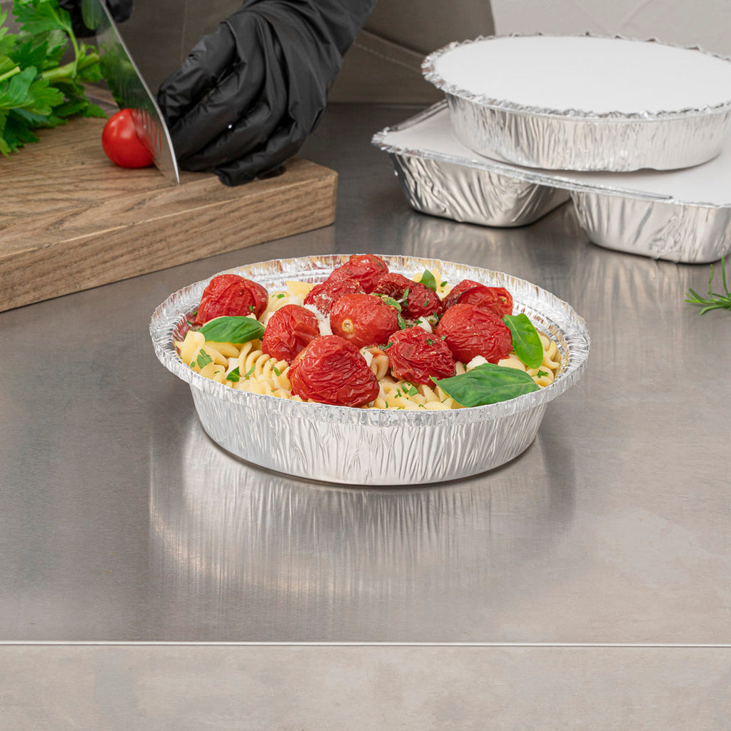 Foil Lux 24 oz Round Aluminum Take Out Pan - Heavy Weight - 7" x 7" x 1 3/4" - 100 count box