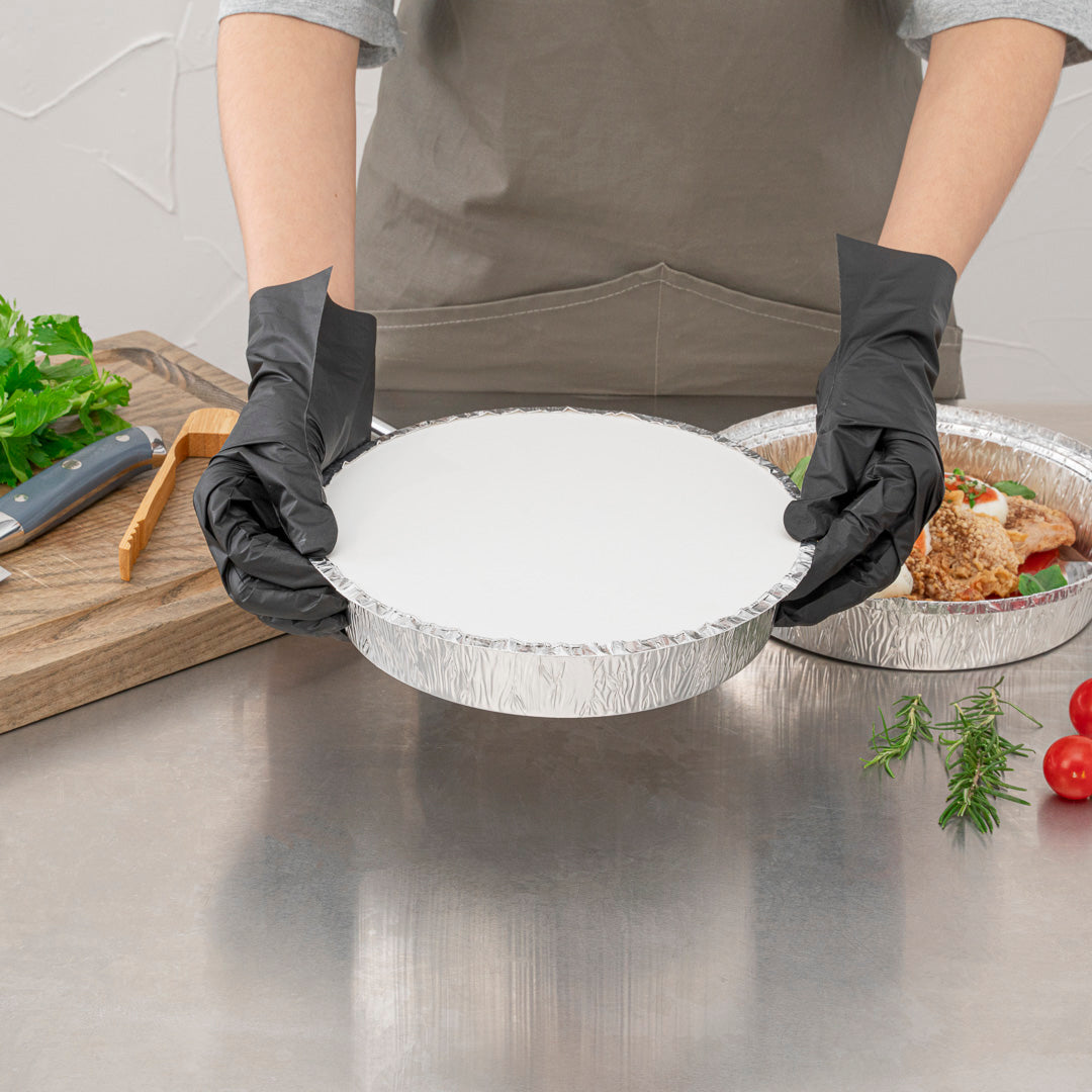 Foil Lux Round White Paper Flat Foil-Laminated Board Lid - Fits 9" Take Out Pan - 100 count box