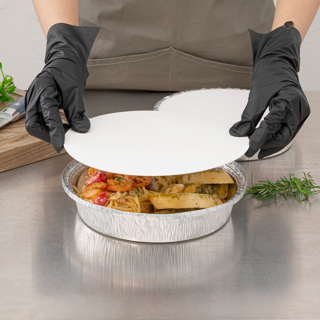 Foil Lux Round White Paper Flat Foil-Laminated Board Lid - Fits 8" Take Out Pan - 100 count box