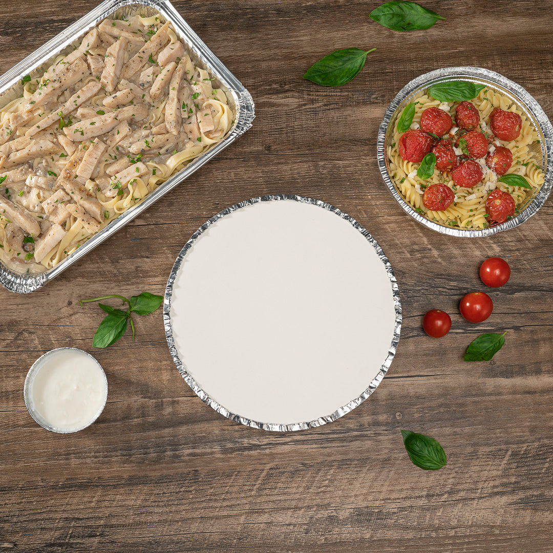 Foil Lux Round White Paper Flat Foil-Laminated Board Lid - Fits 8" Take Out Pan - 100 count box