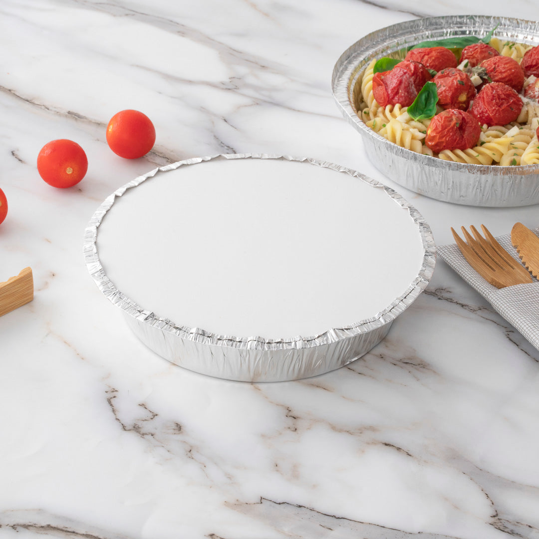 Foil Lux Round White Paper Flat Foil-Laminated Board Lid - Fits 7" Take Out Pan - 100 count box