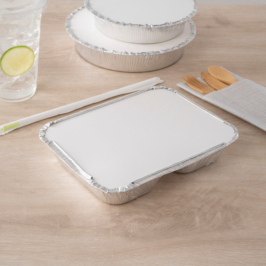 Foil Lux Rectangle White Paper Flat Foil-Laminated Board Lid - Fits 3-Compartment Take Out Tray - 100 count box