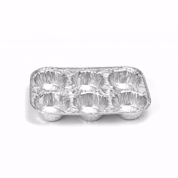 Pastry Tek Silver Aluminum Cupcake / Muffin Pan - 6-Compartment - 9 1/2" x 6 1/2" x 1 1/2" - 25 count box