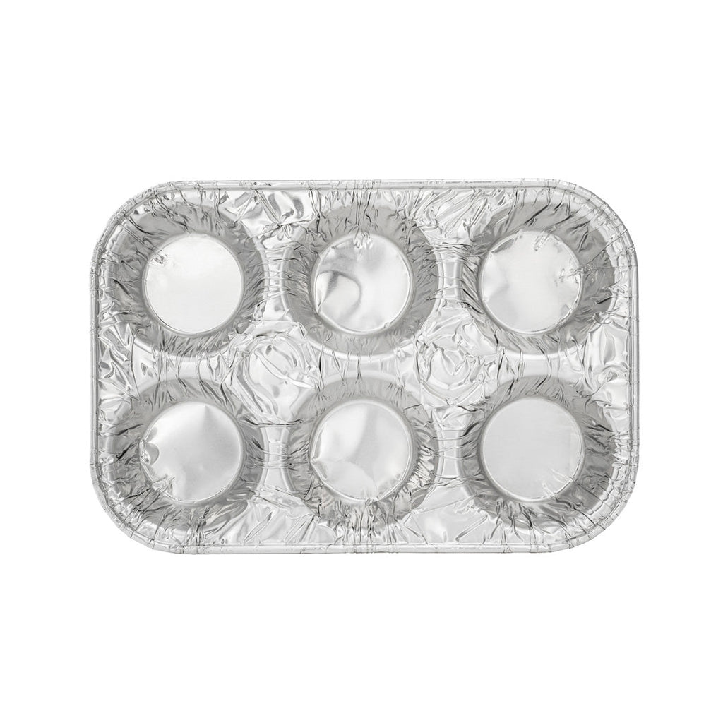 Pastry Tek Silver Aluminum Cupcake / Muffin Pan - 6-Compartment - 9 1/2" x 6 1/2" x 1 1/2" - 25 count box