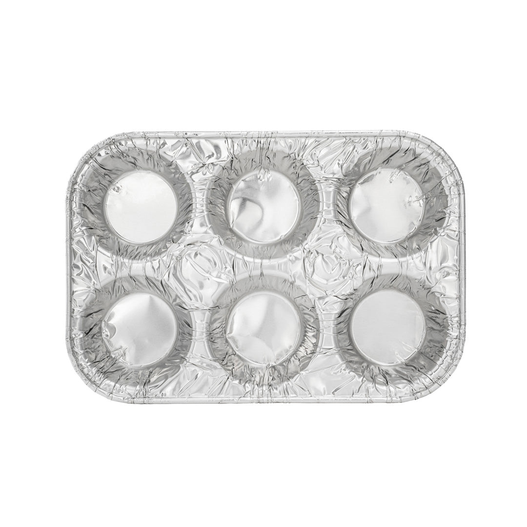 Pastry Tek Silver Aluminum Cupcake / Muffin Pan - 6-Compartment - 9 1/2" x 6 1/2" x 1 1/2" - 25 count box
