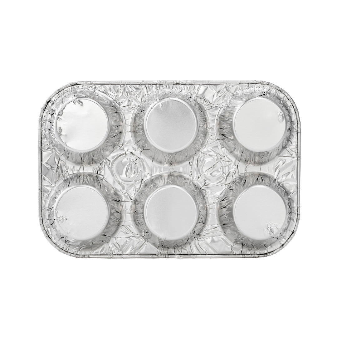 Pastry Tek Silver Aluminum Cupcake / Muffin Pan - 6-Compartment - 9 1/2" x 6 1/2" x 1 1/2" - 25 count box