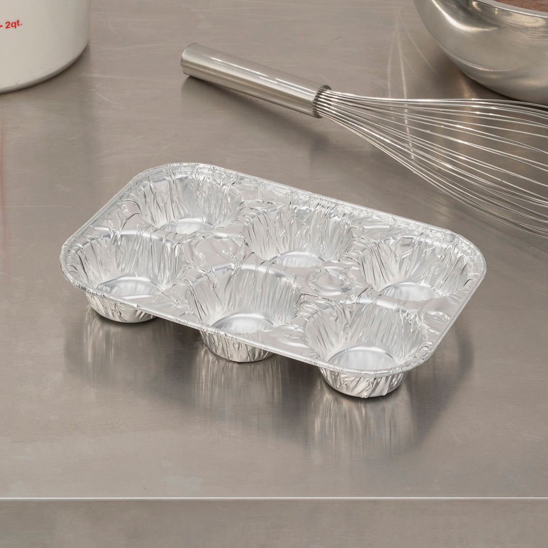 Pastry Tek Silver Aluminum Cupcake / Muffin Pan - 6-Compartment - 9 1/2" x 6 1/2" x 1 1/2" - 25 count box