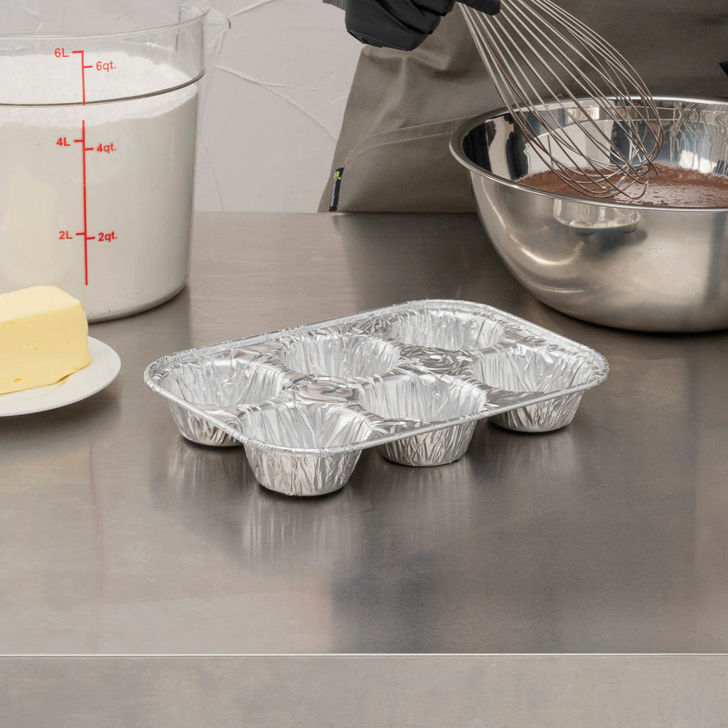 Pastry Tek Silver Aluminum Cupcake / Muffin Pan - 6-Compartment - 9 1/2" x 6 1/2" x 1 1/2" - 25 count box