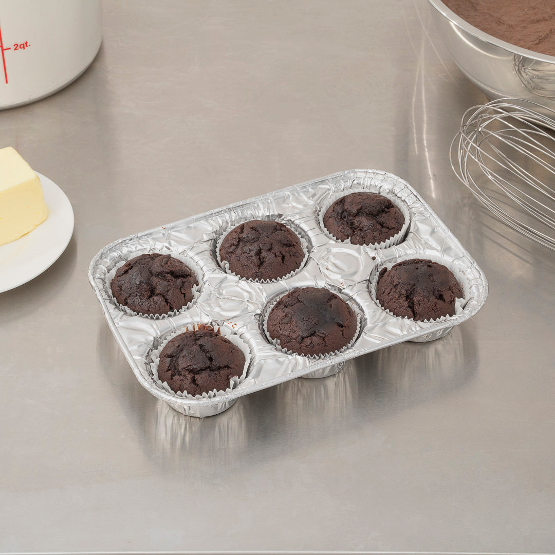 Pastry Tek Silver Aluminum Cupcake / Muffin Pan - 6-Compartment - 9 1/2" x 6 1/2" x 1 1/2" - 25 count box