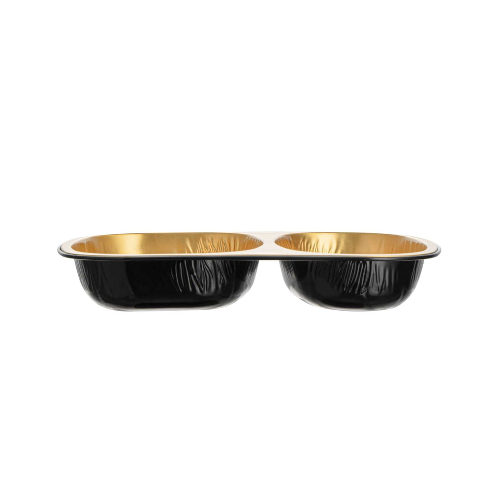 Foil Lux 28 oz Rectangle Black and Gold Aluminum Container - 2-Compartment - 9" x 7" x 1 1/2" - 100 count box
