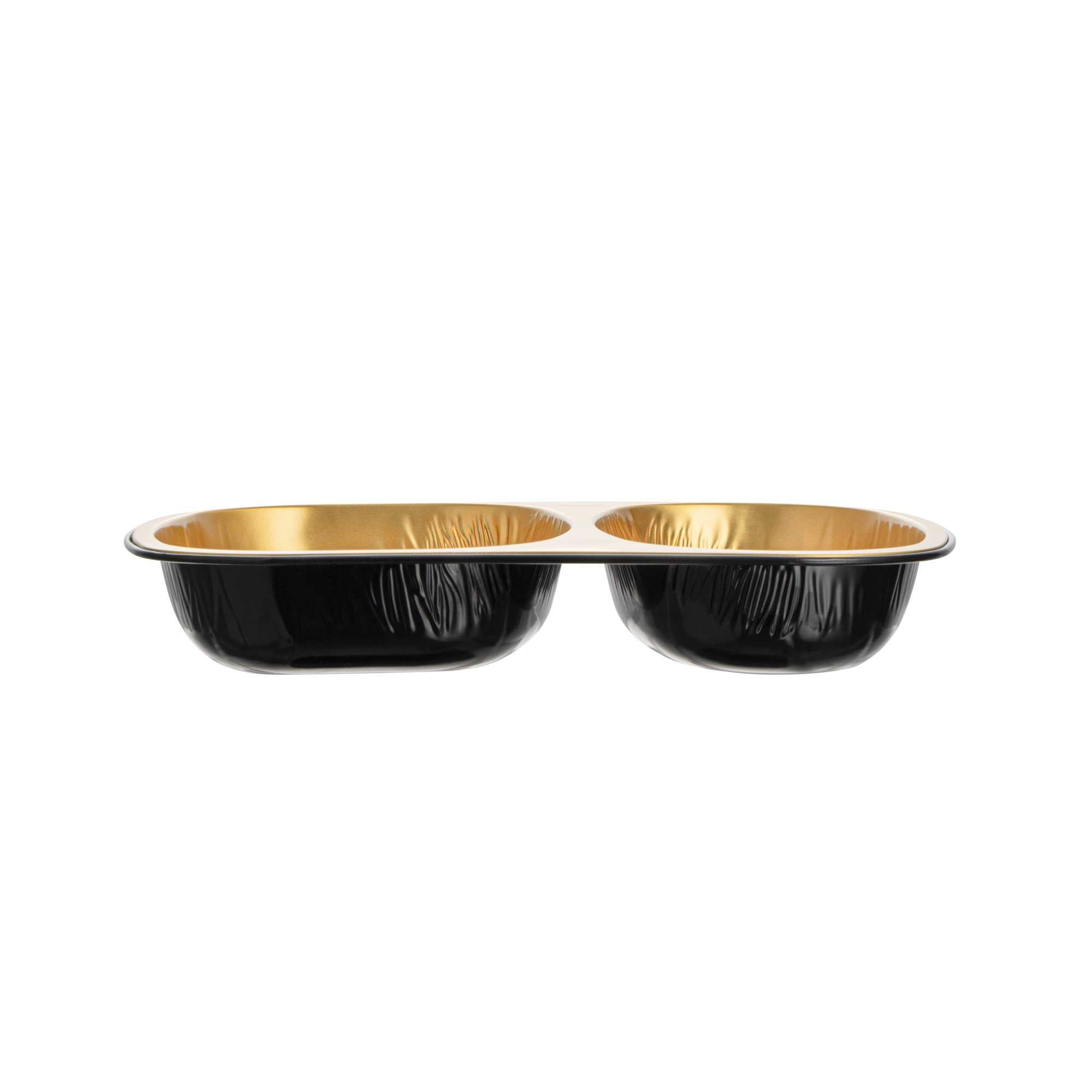 Foil Lux 28 oz Rectangle Black and Gold Aluminum Container - 2-Compartment - 9" x 7" x 1 1/2" - 100 count box