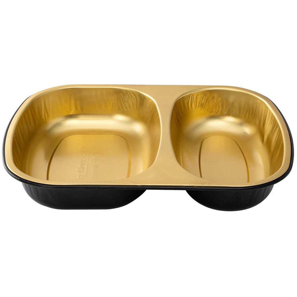 Foil Lux 28 oz Rectangle Black and Gold Aluminum Container - 2-Compartment - 9" x 7" x 1 1/2" - 100 count box