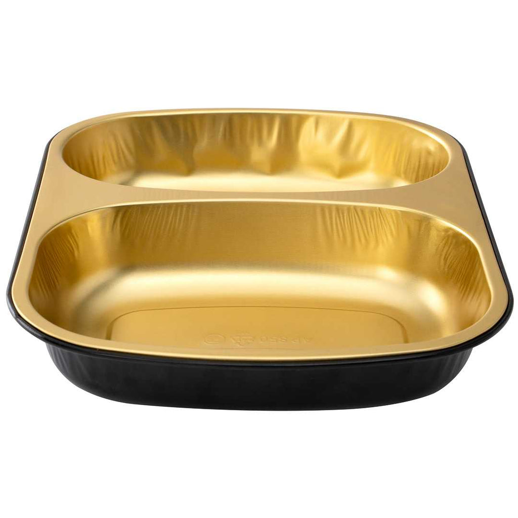 Foil Lux 28 oz Rectangle Black and Gold Aluminum Container - 2-Compartment - 9" x 7" x 1 1/2" - 100 count box