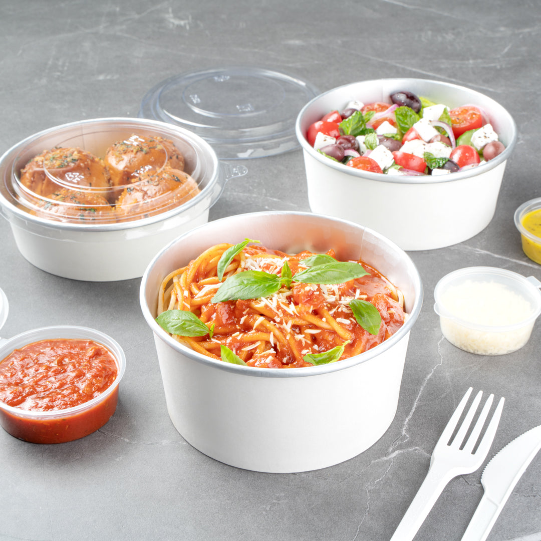 Foil Lux 33 oz White Paper Take Out Container - with Foil Interior - 6" x 6" x 3" - 50 count box