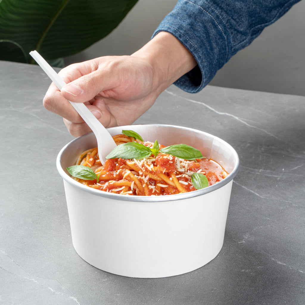 Foil Lux 33 oz White Paper Take Out Container - with Foil Interior - 6" x 6" x 3" - 50 count box