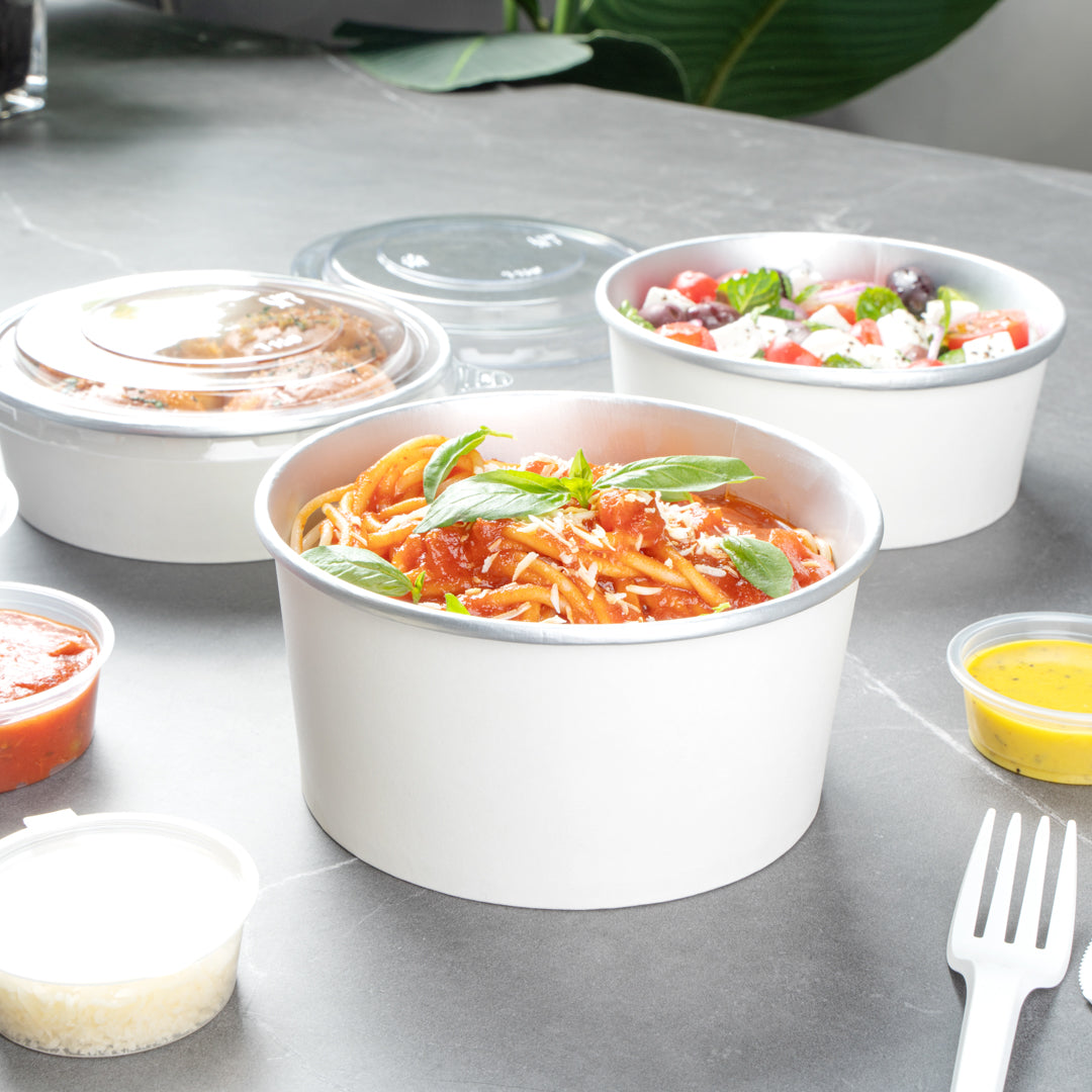 Foil Lux 33 oz White Paper Take Out Container - with Foil Interior - 6" x 6" x 3" - 50 count box