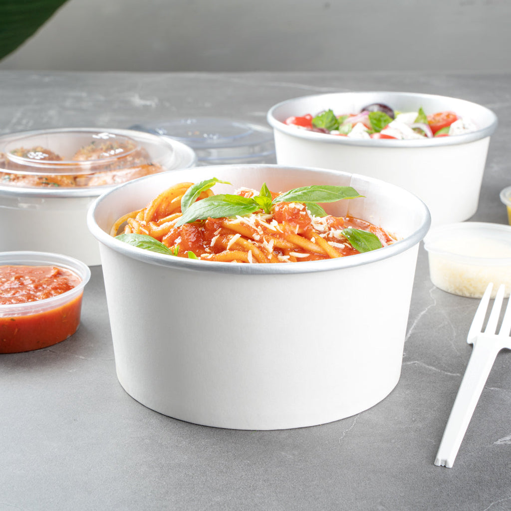 Foil Lux 33 oz White Paper Take Out Container - with Foil Interior - 6" x 6" x 3" - 50 count box