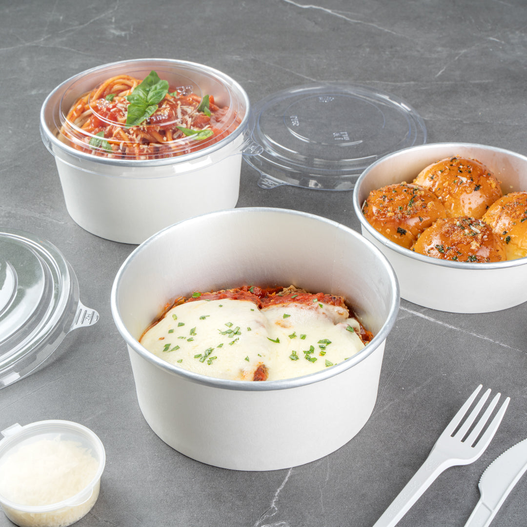 Foil Lux 42 oz White Paper Take Out Container - with Foil Interior - 6 1/2" x 6 1/2" x 3" - 50 count box