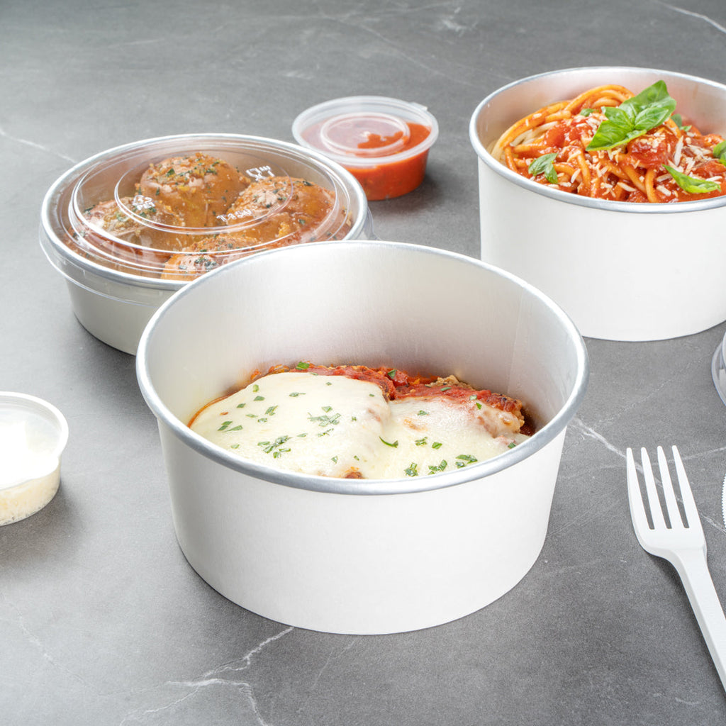 Foil Lux 42 oz White Paper Take Out Container - with Foil Interior - 6 1/2" x 6 1/2" x 3" - 50 count box