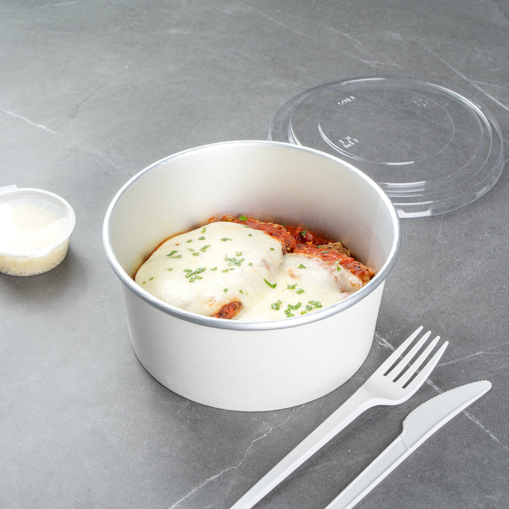 Foil Lux 42 oz White Paper Take Out Container - with Foil Interior - 6 1/2" x 6 1/2" x 3" - 200 count box