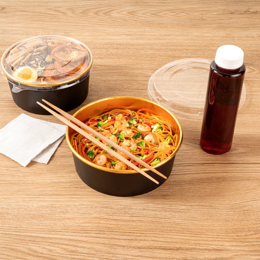 Foil Lux 45 oz Black And Gold Paper Take Out Container - with Foil Interior - 7 1/4" x 7 1/4" x 2 1/2" - 50 count box