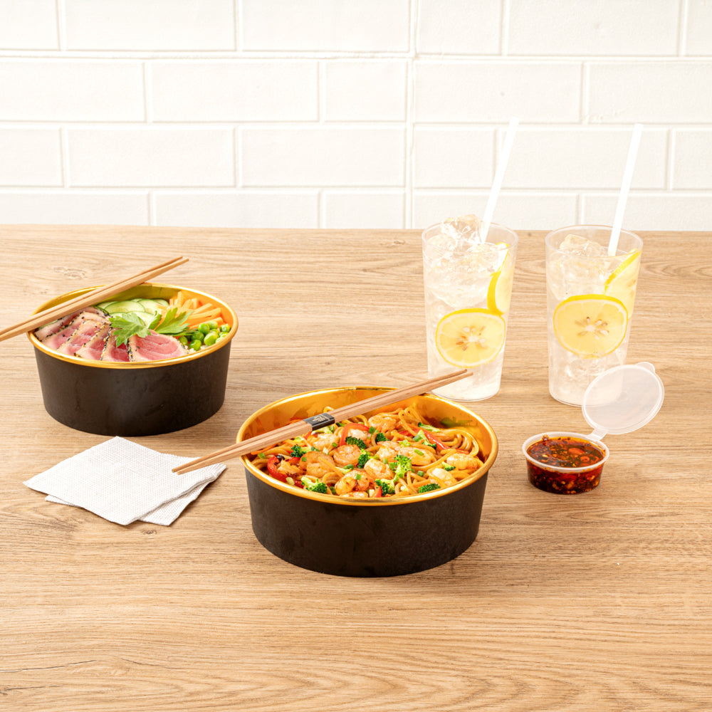 Foil Lux 45 oz Black And Gold Paper Take Out Container - with Foil Interior - 7 1/4" x 7 1/4" x 2 1/2" - 200 count box