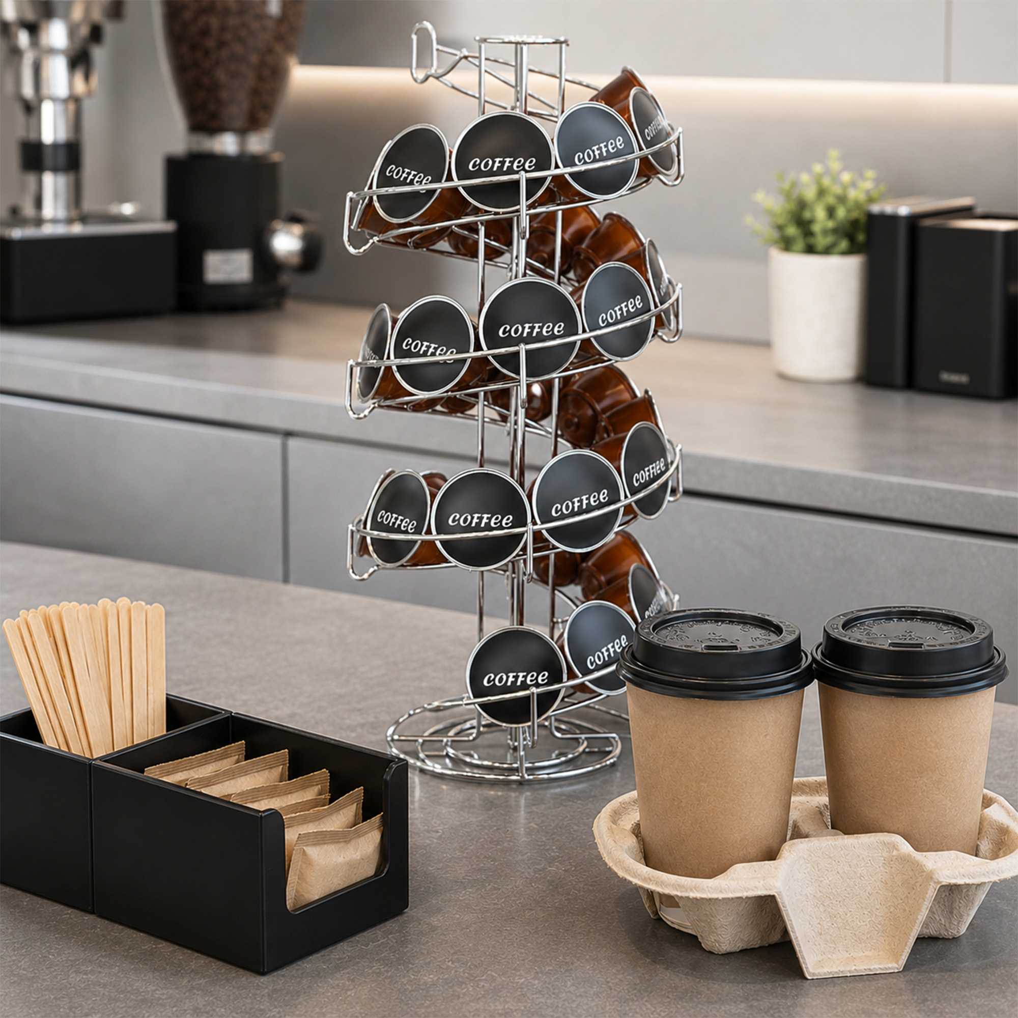 Restpresso Stainless Steel Coffee Pod / Capsule Holder - Revolving, Holds 35-50 K-Cups - 7" x 7" x 16 1/4" - 1 count box