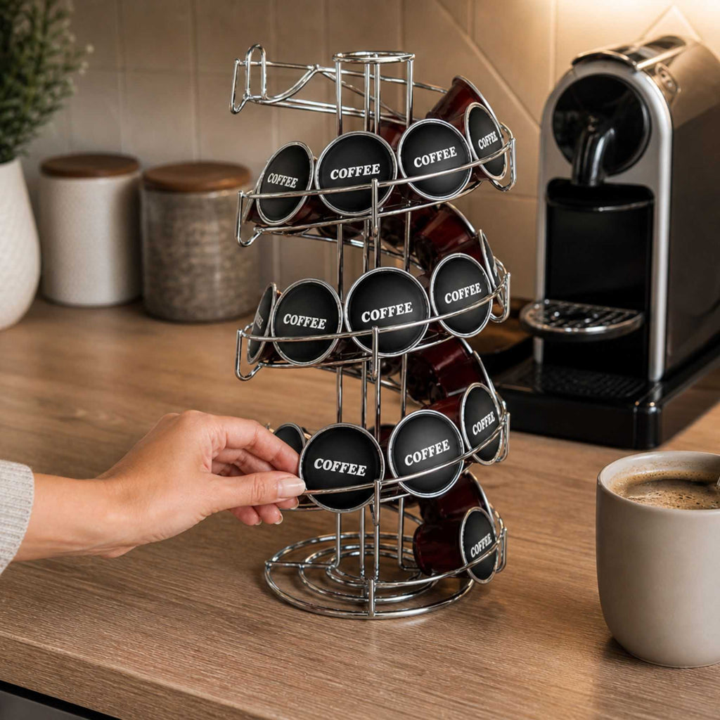 Restpresso Stainless Steel Coffee Pod / Capsule Holder - Revolving, Holds 35-50 K-Cups - 7" x 7" x 16 1/4" - 1 count box