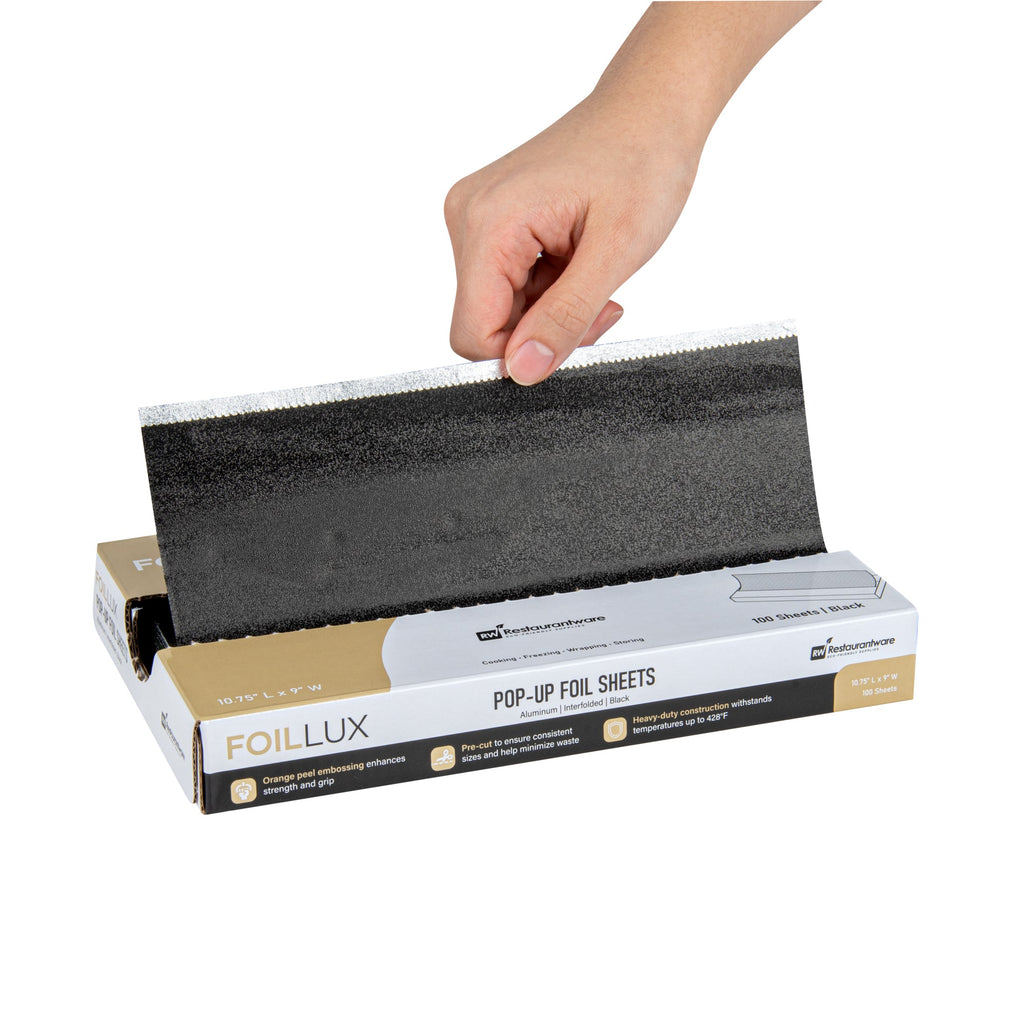 Foil Lux Foodservice Black Aluminum Foil Pop-Up Sheet - Interfolded, Embossed - 10 3/4" x 9" - 2000 count box