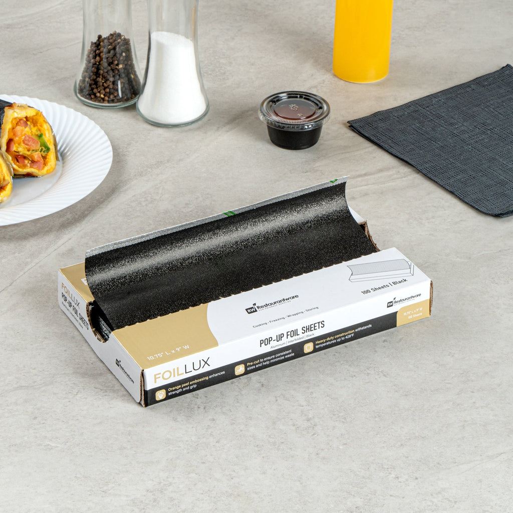 Foil Lux Foodservice Black Aluminum Foil Pop-Up Sheet - Interfolded, Embossed - 10 3/4" x 9" - 2000 count box