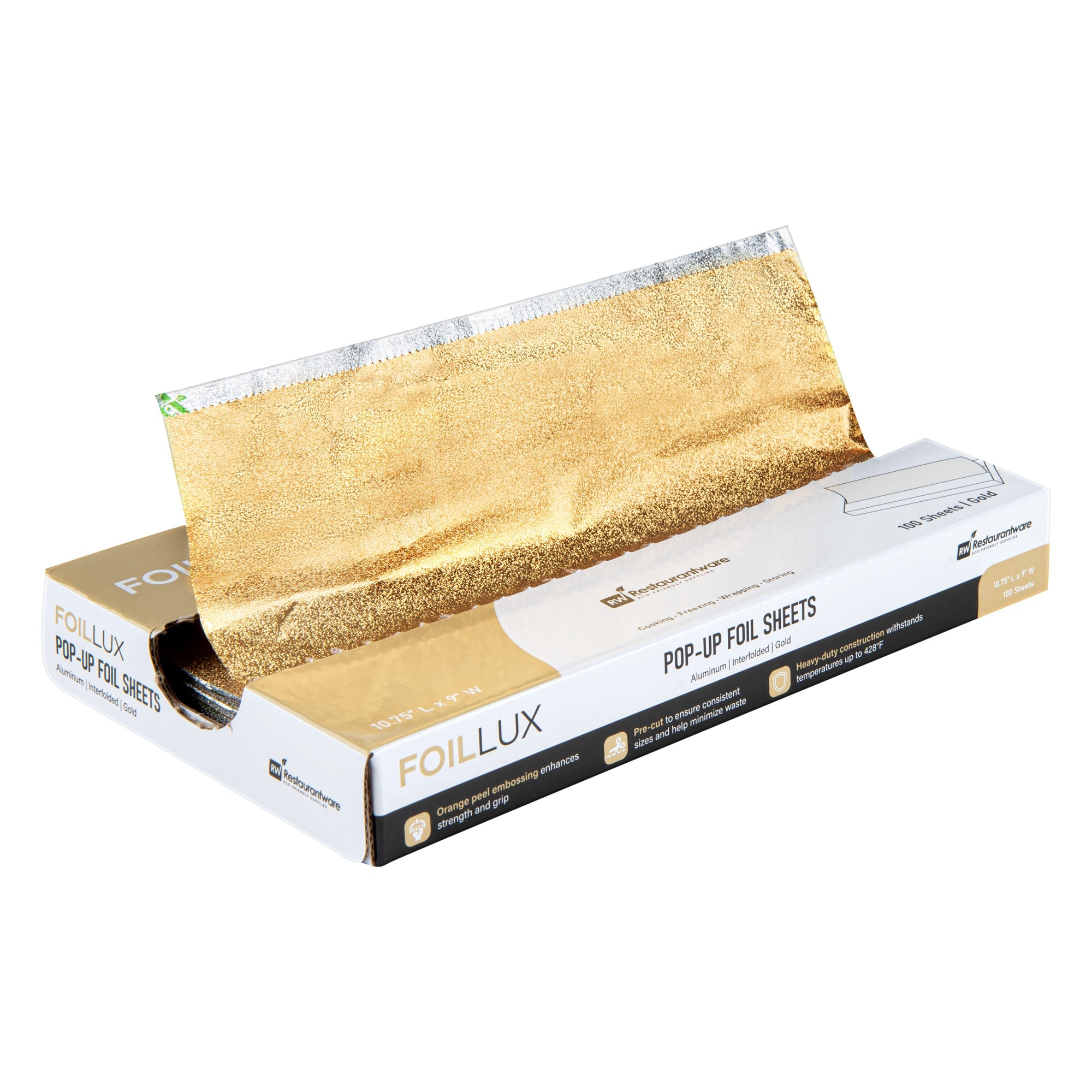 Foil Lux Foodservice Gold Aluminum Foil Pop-Up Sheet - Interfolded, Embossed - 10 3/4" x 9" - 100 count box