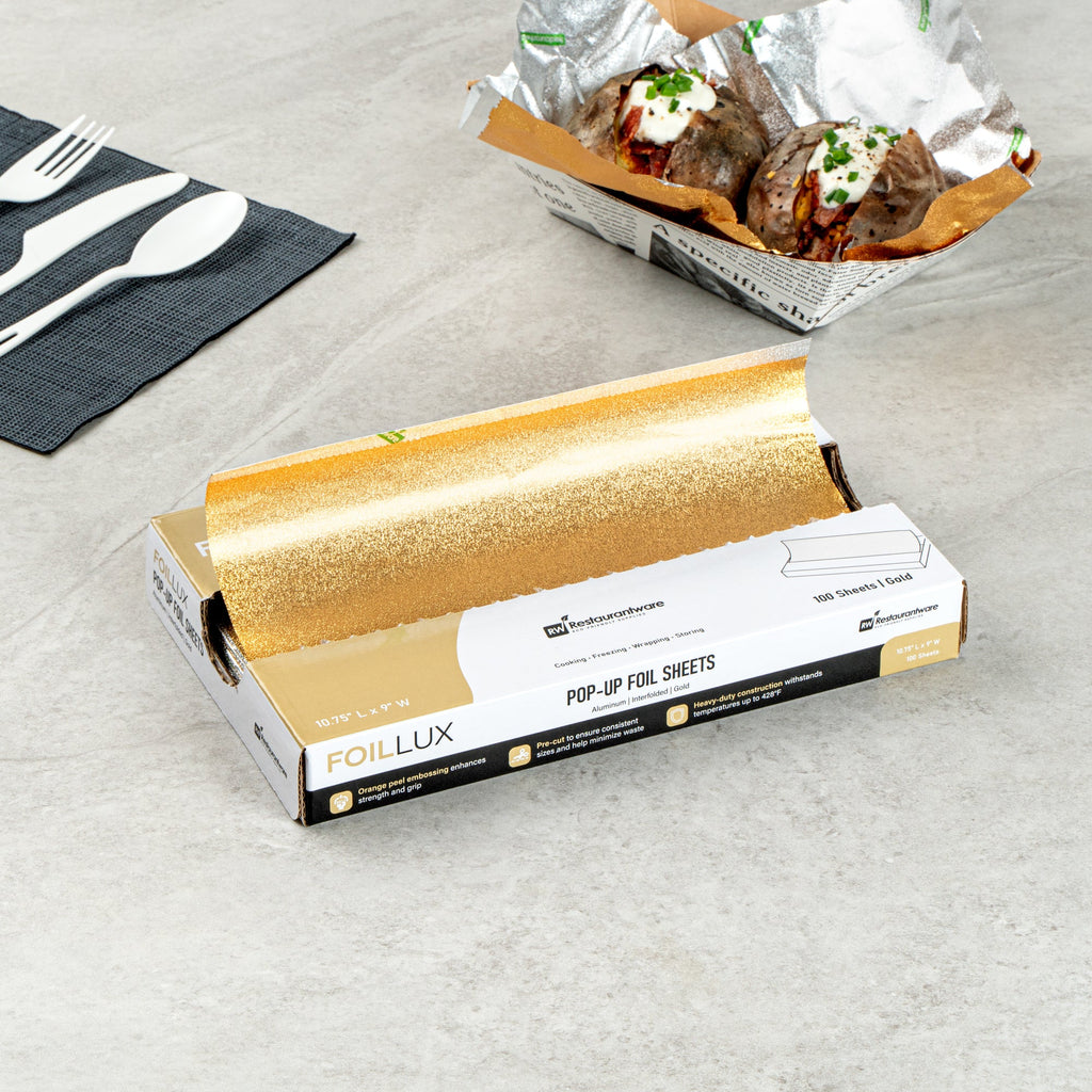 Foil Lux Foodservice Gold Aluminum Foil Pop-Up Sheet - Interfolded, Embossed - 10 3/4" x 9" - 100 count box
