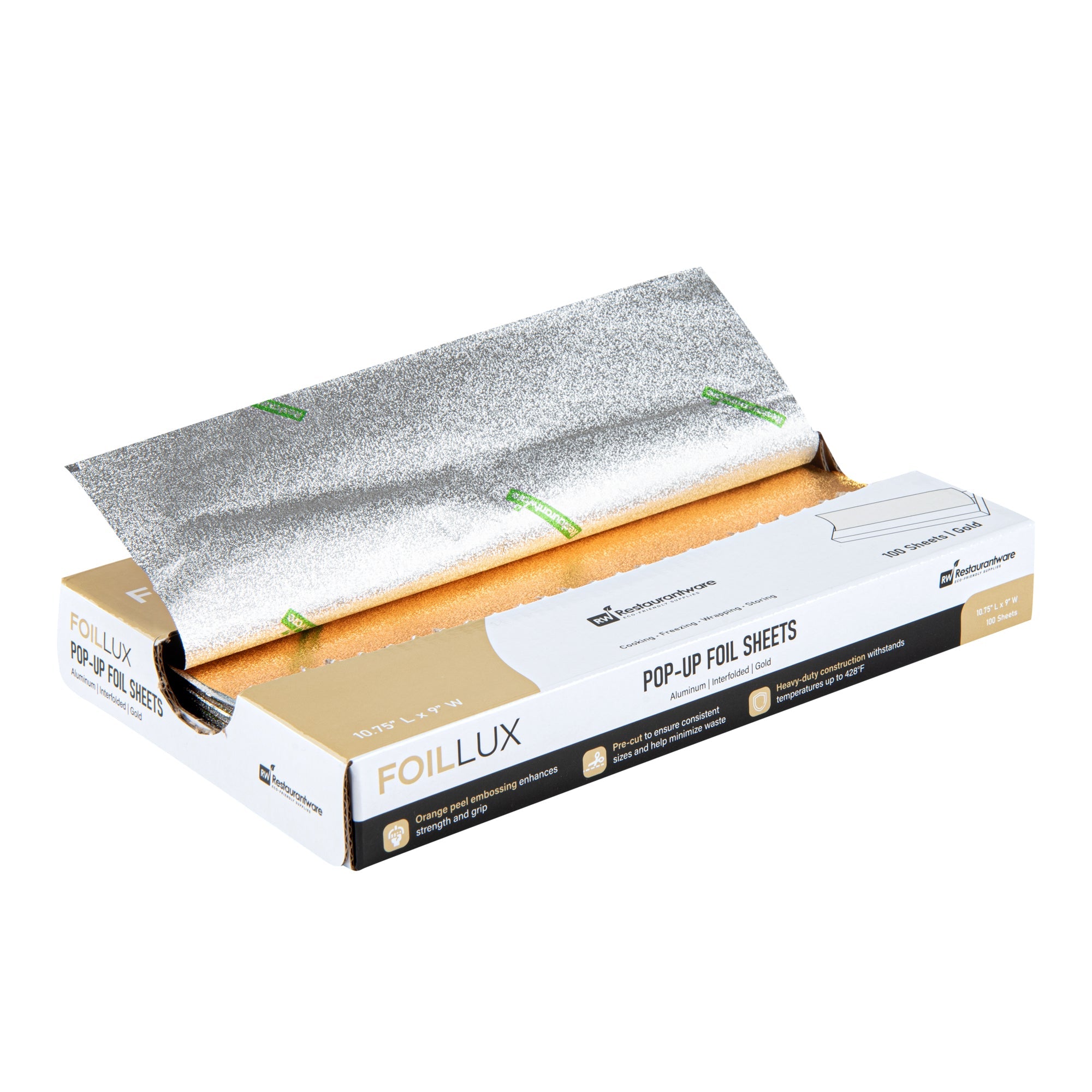 Foil Lux Foodservice Gold Aluminum Foil Pop-Up Sheet - Interfolded, Embossed - 10 3/4" x 9" - 100 count box