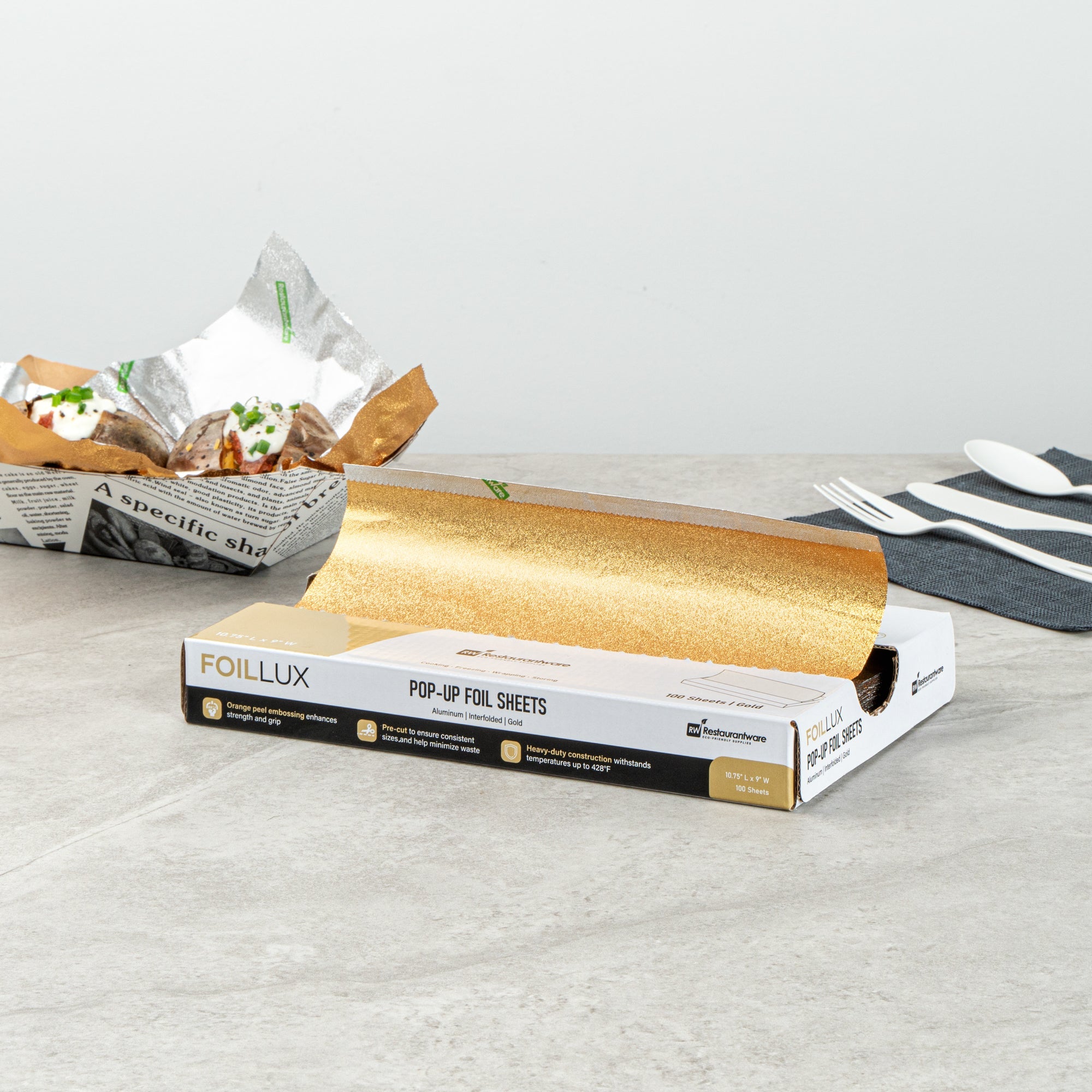 Foil Lux Foodservice Gold Aluminum Foil Pop-Up Sheet - Interfolded, Embossed - 10 3/4" x 9" - 100 count box