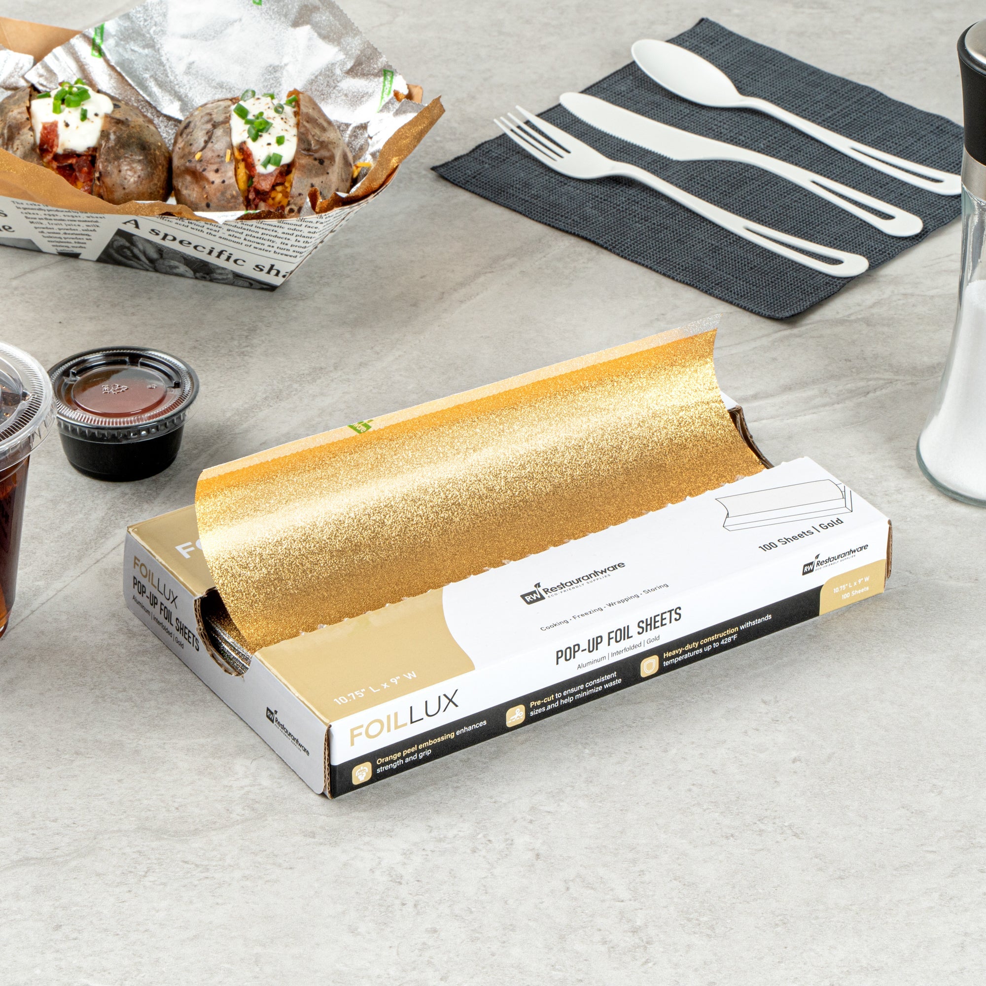 Foil Lux Foodservice Gold Aluminum Foil Pop-Up Sheet - Interfolded, Embossed - 10 3/4" x 9" - 100 count box