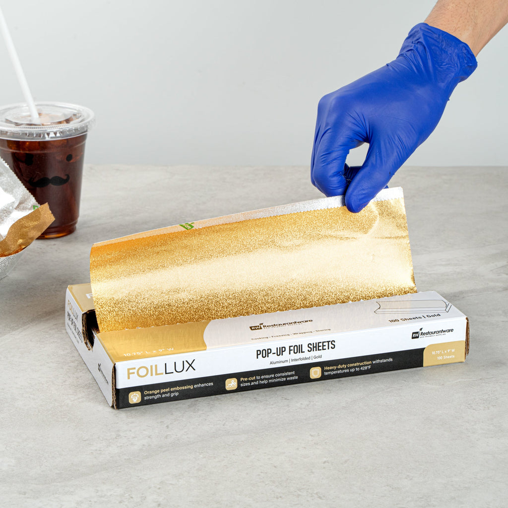 Foil Lux Foodservice Gold Aluminum Foil Pop-Up Sheet - Interfolded, Embossed - 10 3/4" x 9" - 2000 count box