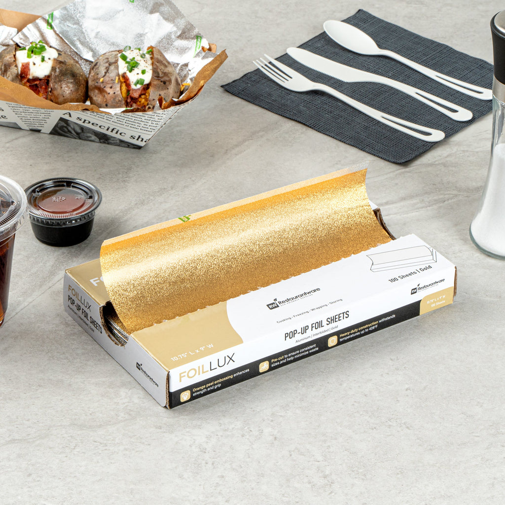 Foil Lux Foodservice Gold Aluminum Foil Pop-Up Sheet - Interfolded, Embossed - 10 3/4" x 9" - 2000 count box