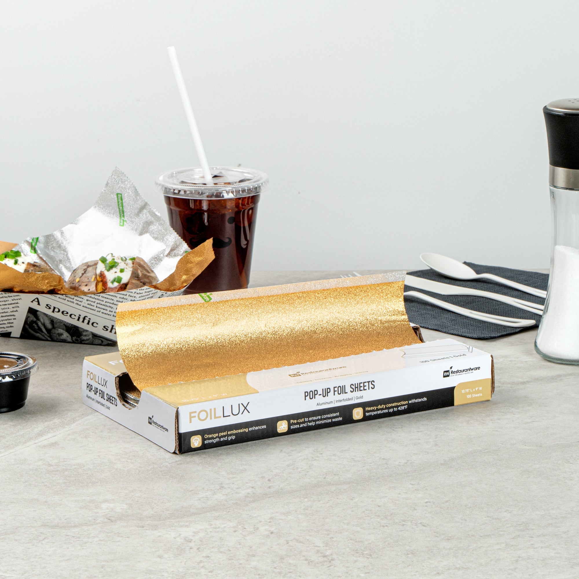 Foil Lux Foodservice Gold Aluminum Foil Pop-Up Sheet - Interfolded, Embossed - 10 3/4" x 9" - 2000 count box