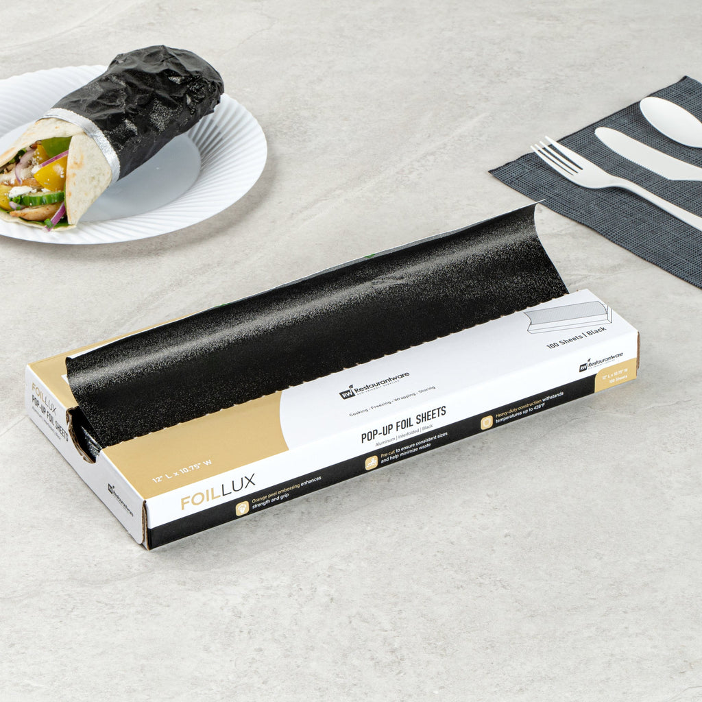Foil Lux Foodservice Black Aluminum Foil Pop-Up Sheet - Interfolded, Embossed - 12" x 10 3/4" - 2000 count box