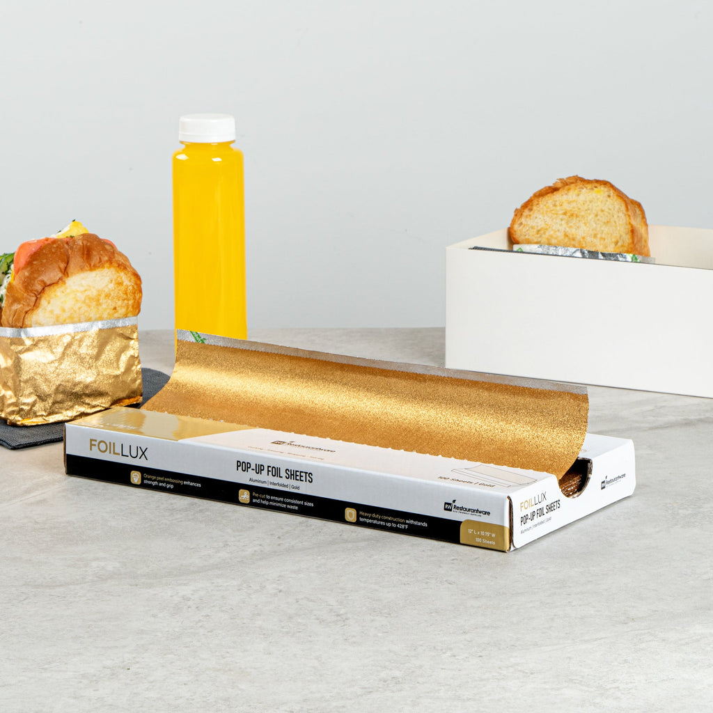 Foil Lux Foodservice Gold Aluminum Foil Pop-Up Sheet - Interfolded, Embossed - 12" x 10 3/4" - 100 count box