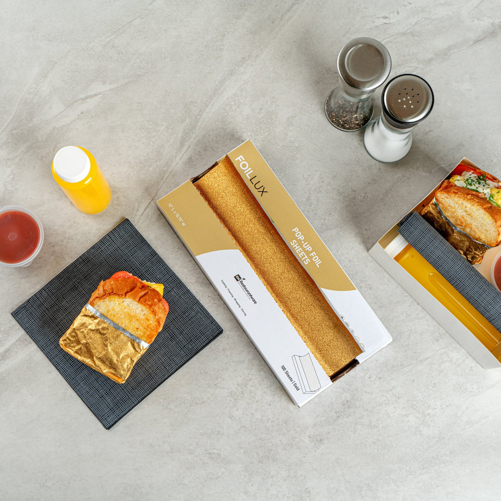 Foil Lux Foodservice Gold Aluminum Foil Pop-Up Sheet - Interfolded, Embossed - 12" x 10 3/4" - 100 count box