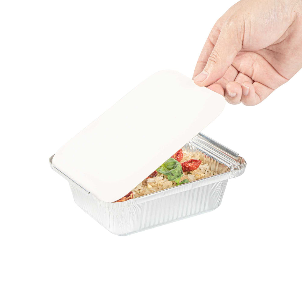Foil Lux Oblong White Foil-Laminated Board Lid - Fits 1 lb Container - 100 count box